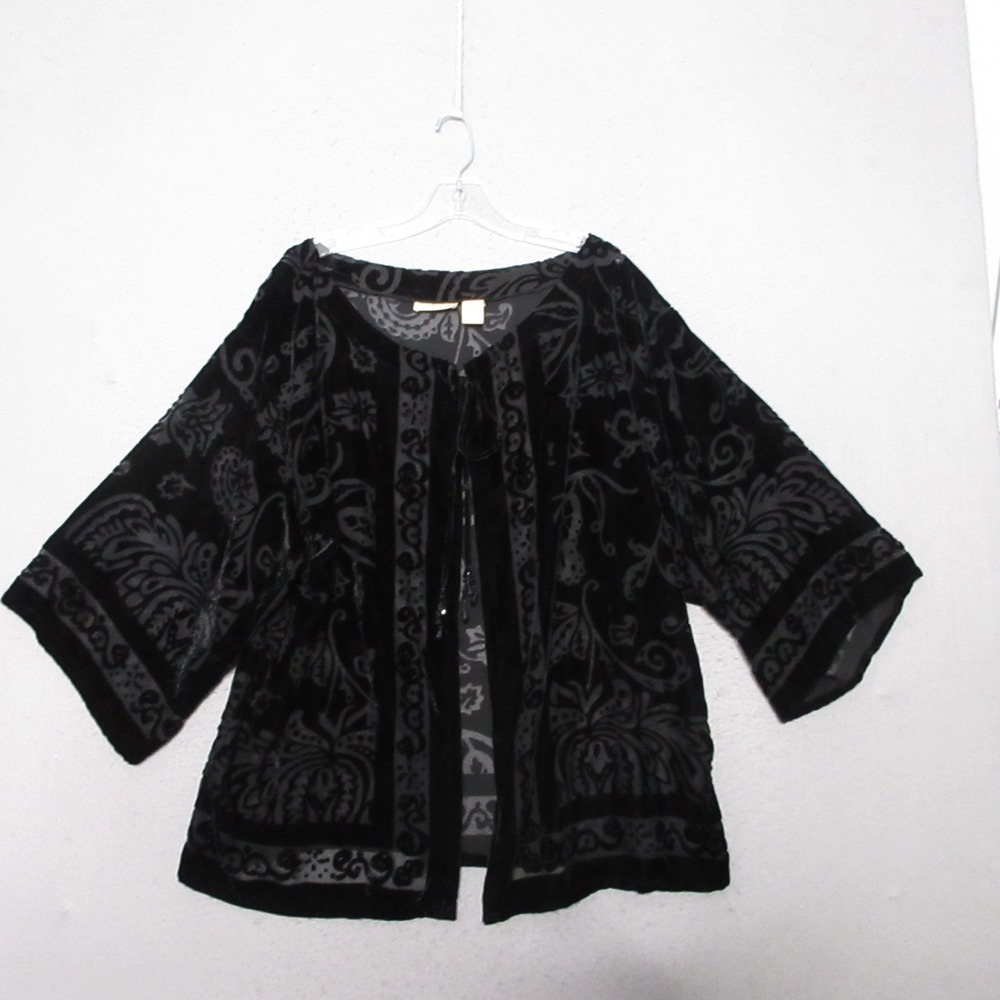 Vintage Choices 1X Top Kimono Black Floral Velvet Burnout Whimsigoth Beaded Y2K